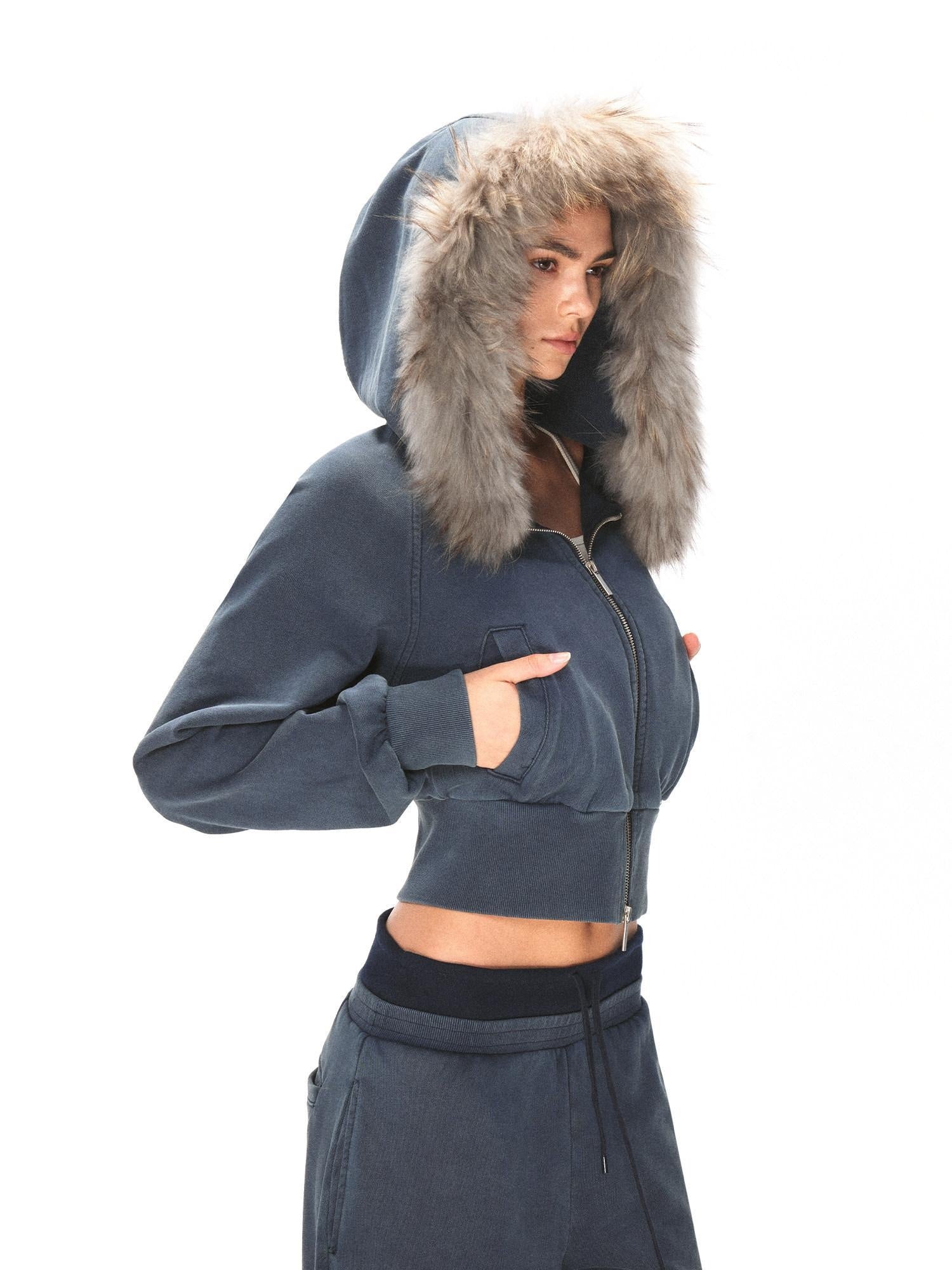 kvkv 100 Percent Cotton Oversized Zip Hooded Short Women Sporty Navy Hoodies