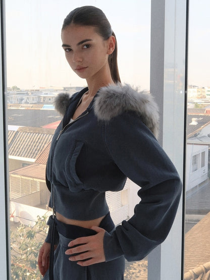 kvkv 100 Percent Cotton Oversized Zip Hooded Short Women Sporty Navy Hoodies