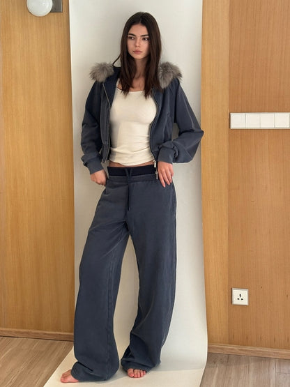 kvkv 100 Percent Cotton Oversized Zip Hooded Short Women Sporty Navy Hoodies