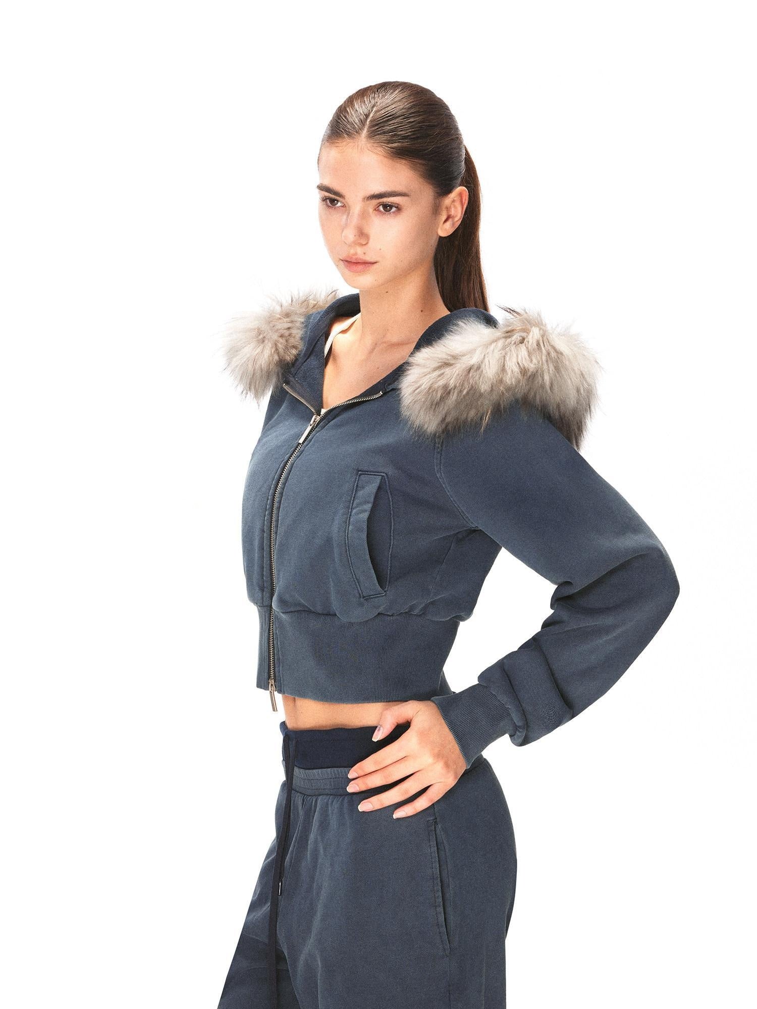 kvkv 100 Percent Cotton Oversized Zip Hooded Short Women Sporty Navy Hoodies