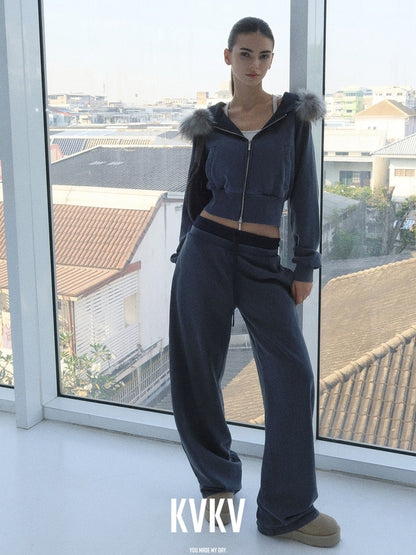 kvkv 100 Percent Cotton Oversized Zip Hooded Short Women Sporty Navy Hoodies