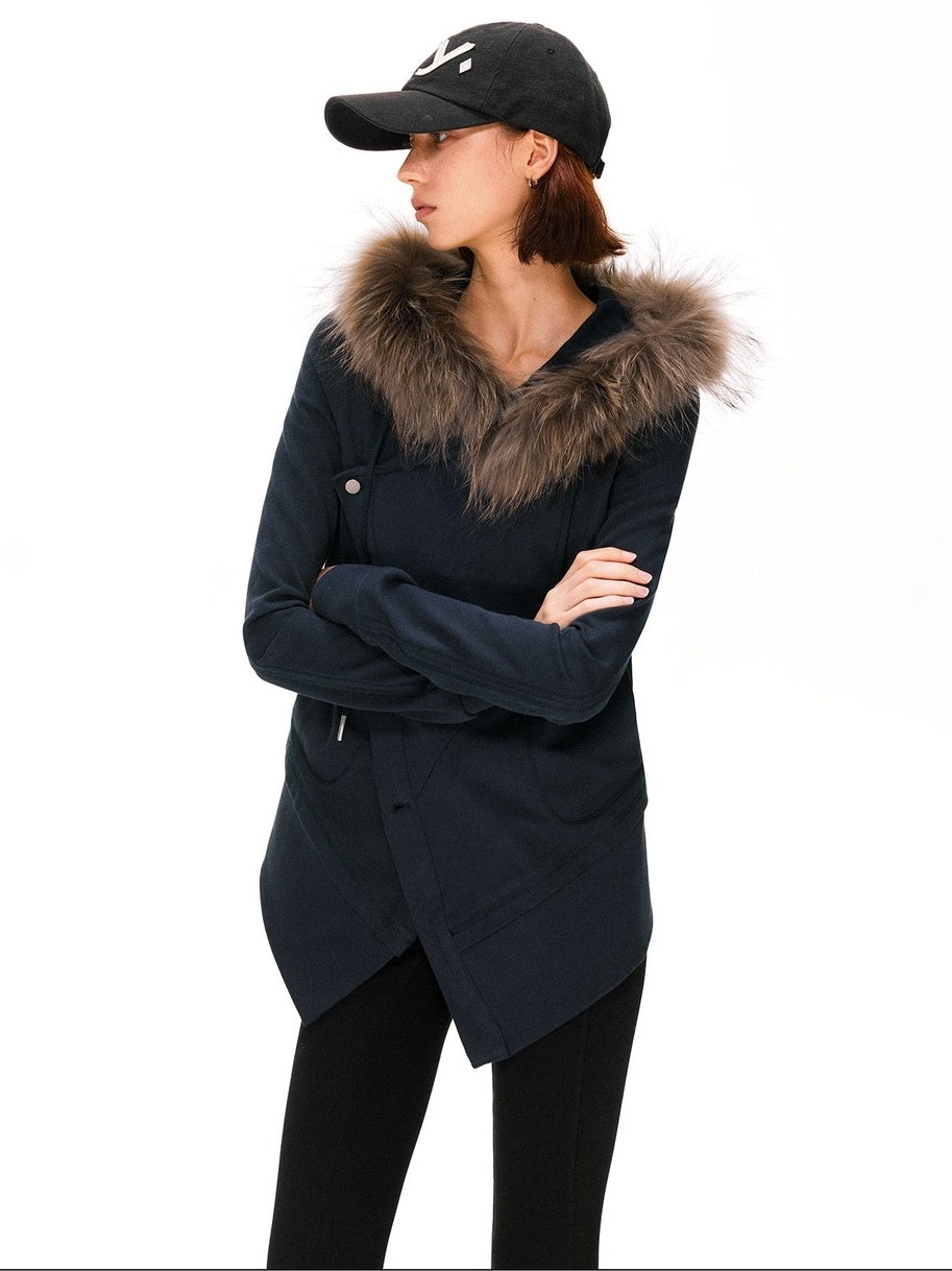 kvkv 100 Percent Cotton Vintage Standard Fit Detachable Hood Women Navy Hoodies