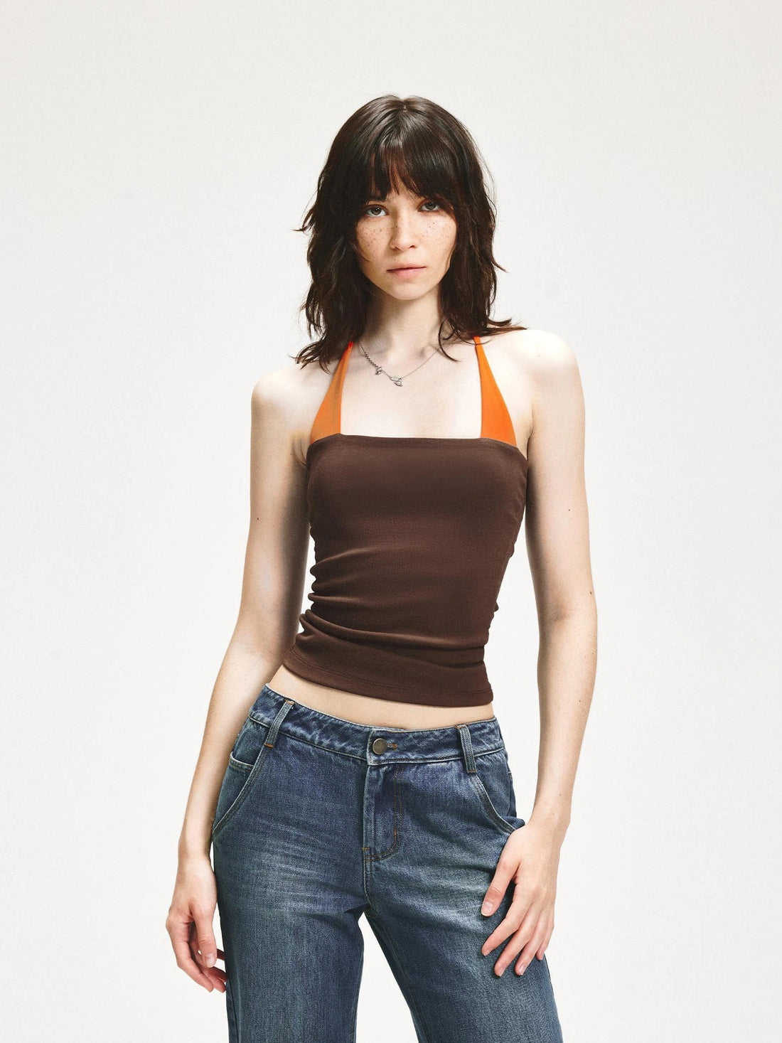 KVKV Yoga Clothing Brand - Adjustable Halter Neck Camisole With Orange Brown Color Block