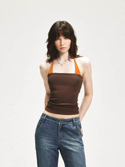 KVKV Yoga Clothing Brand - Adjustable Halter Neck Camisole With Orange Brown Color Block