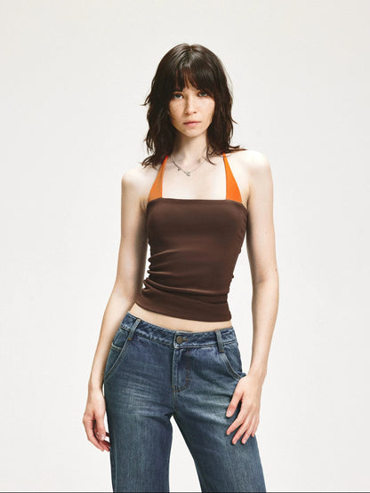 KVKV Yoga Clothing Brand - Adjustable Halter Neck Camisole With Orange Brown Color Block