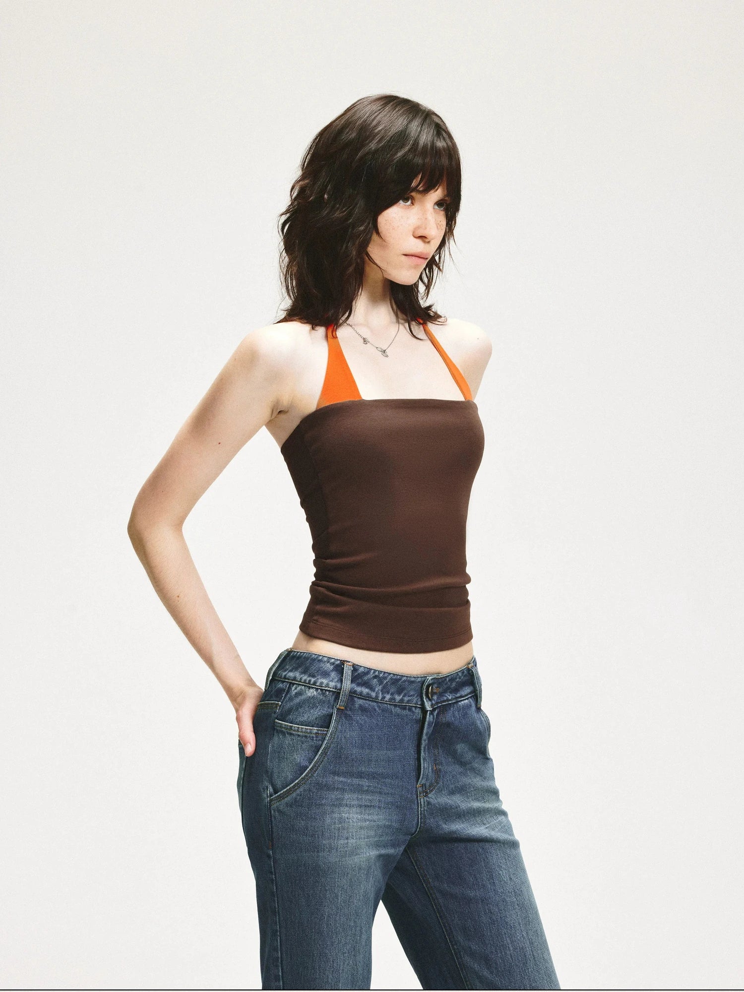 KVKV Yoga Clothing Brand - Adjustable Halter Neck Camisole With Orange Brown Color Block