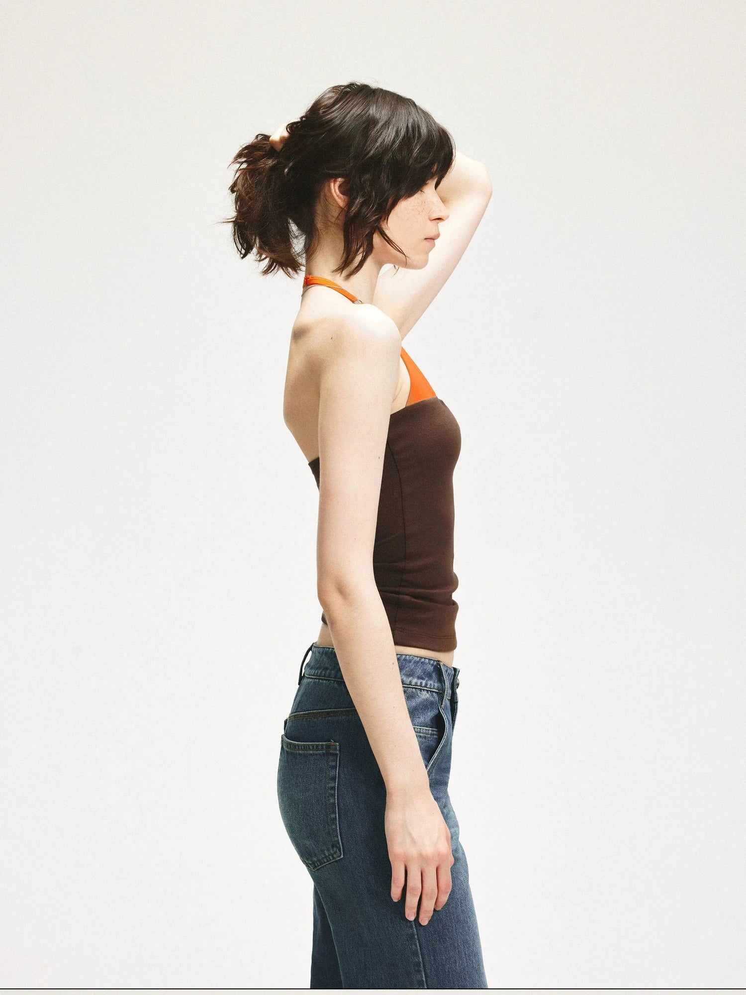 KVKV Yoga Clothing Brand - Adjustable Halter Neck Camisole With Orange Brown Color Block