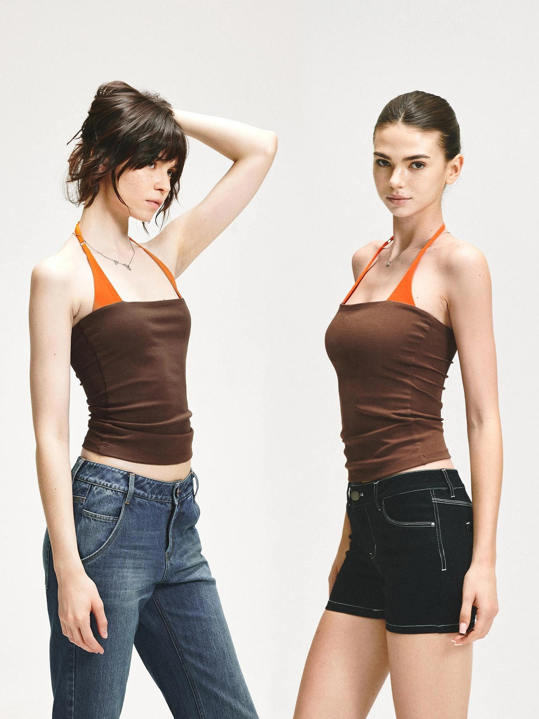 KVKV Yoga Clothing Brand - Adjustable Halter Neck Camisole With Orange Brown Color Block