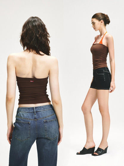 KVKV Yoga Clothing Brand - Adjustable Halter Neck Camisole With Orange Brown Color Block