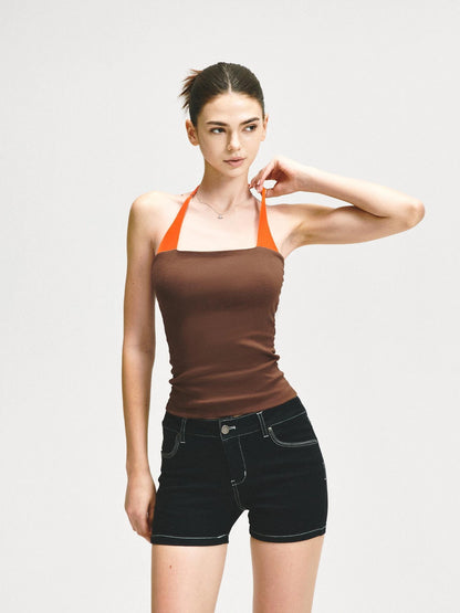 KVKV Yoga Clothing Brand - Adjustable Halter Neck Camisole With Orange Brown Color Block
