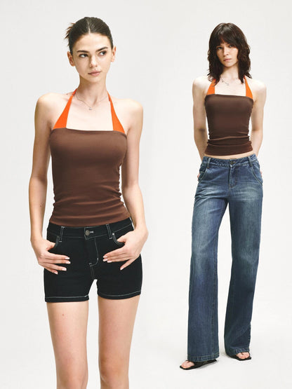 KVKV Yoga Clothing Brand - Adjustable Halter Neck Camisole With Orange Brown Color Block