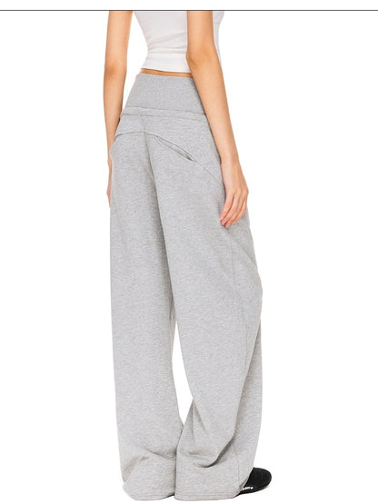 kvkv Asymmetric 100 Percent Cotton Wide Leg Loose Natural Waist Gray Versatile Pants