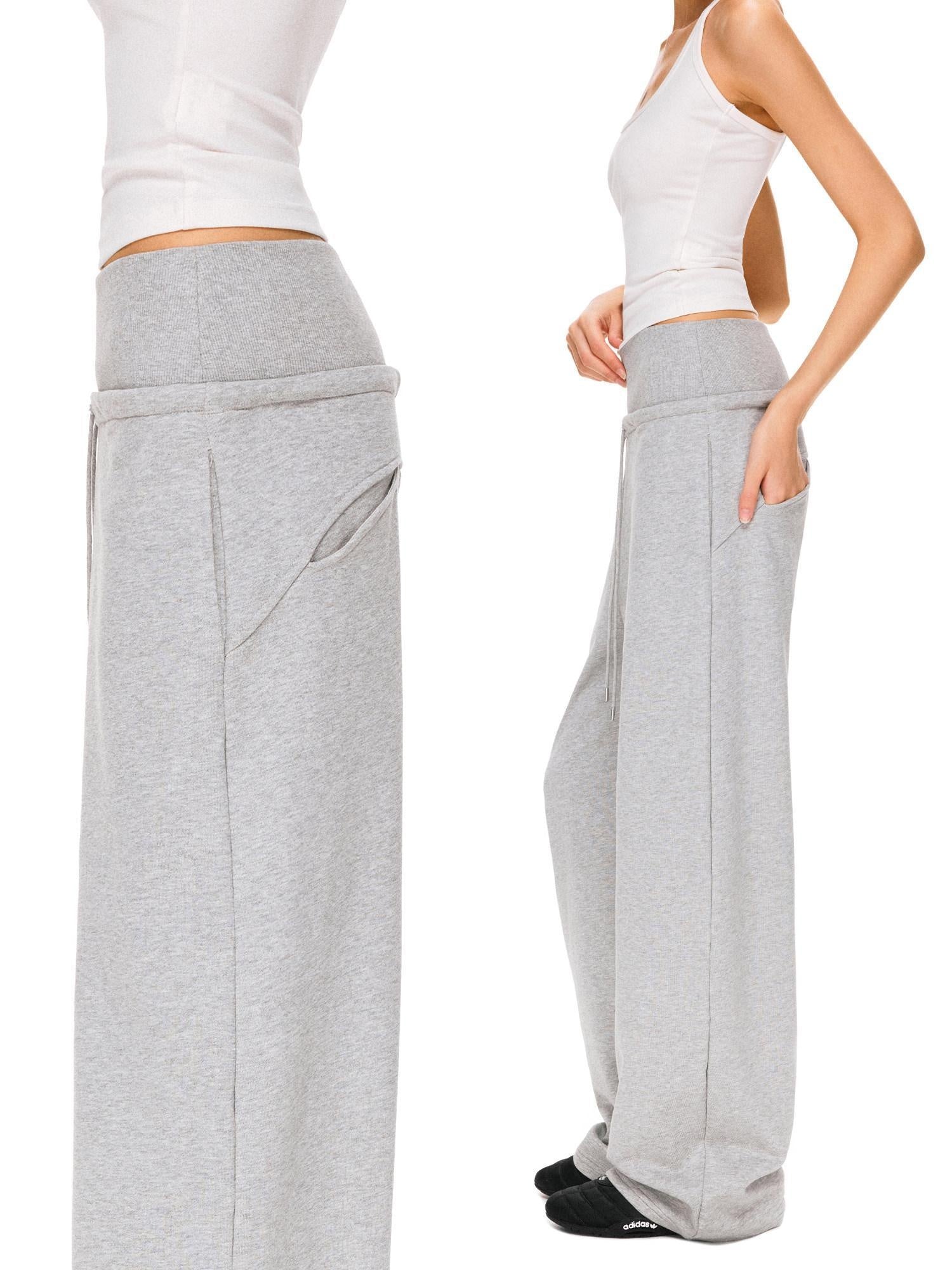 kvkv Asymmetric 100 Percent Cotton Wide Leg Loose Natural Waist Gray Versatile Pants