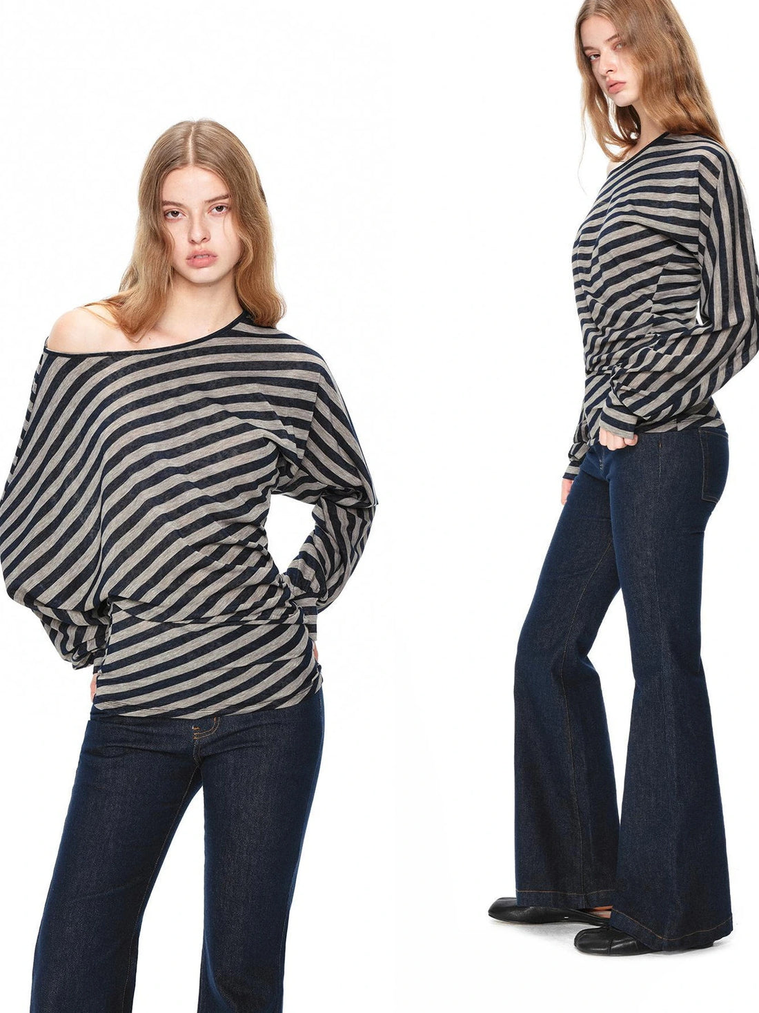 kvkv Asymmetric Batwing Top With Twist Detail V-neck T-shirt Long Sleeve