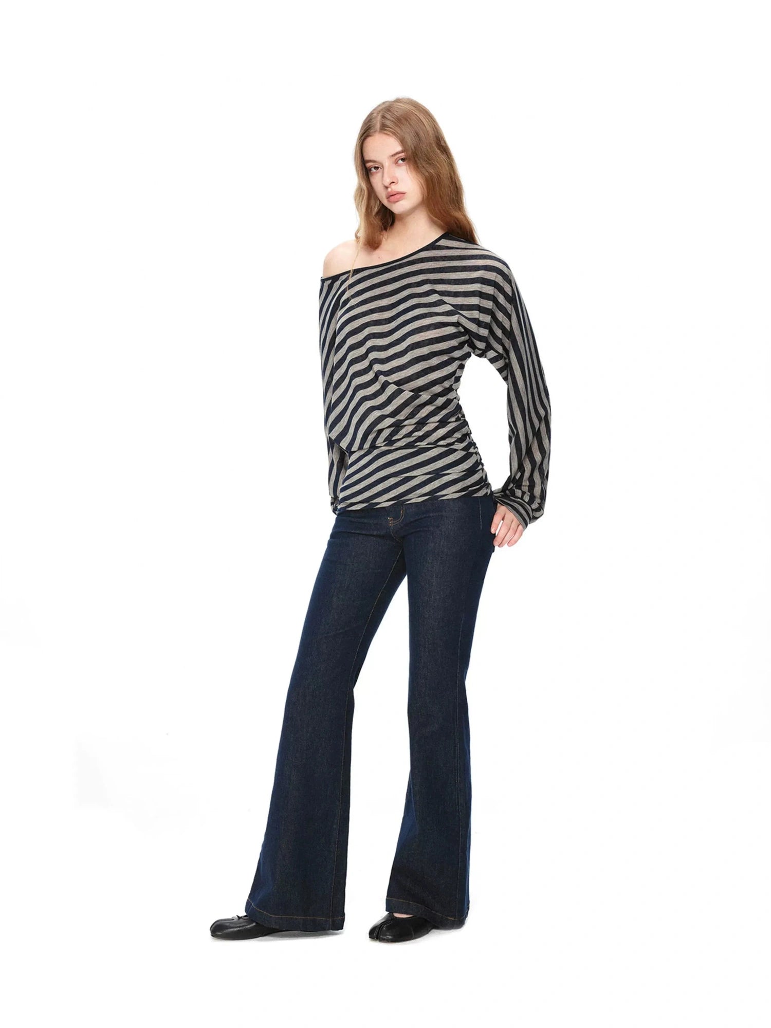 kvkv Asymmetric Batwing Top With Twist Detail V-neck T-shirt Long Sleeve