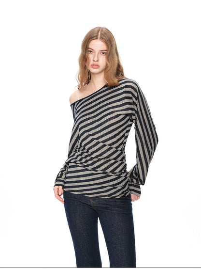 kvkv Asymmetric Batwing Top With Twist Detail V-neck T-shirt Long Sleeve