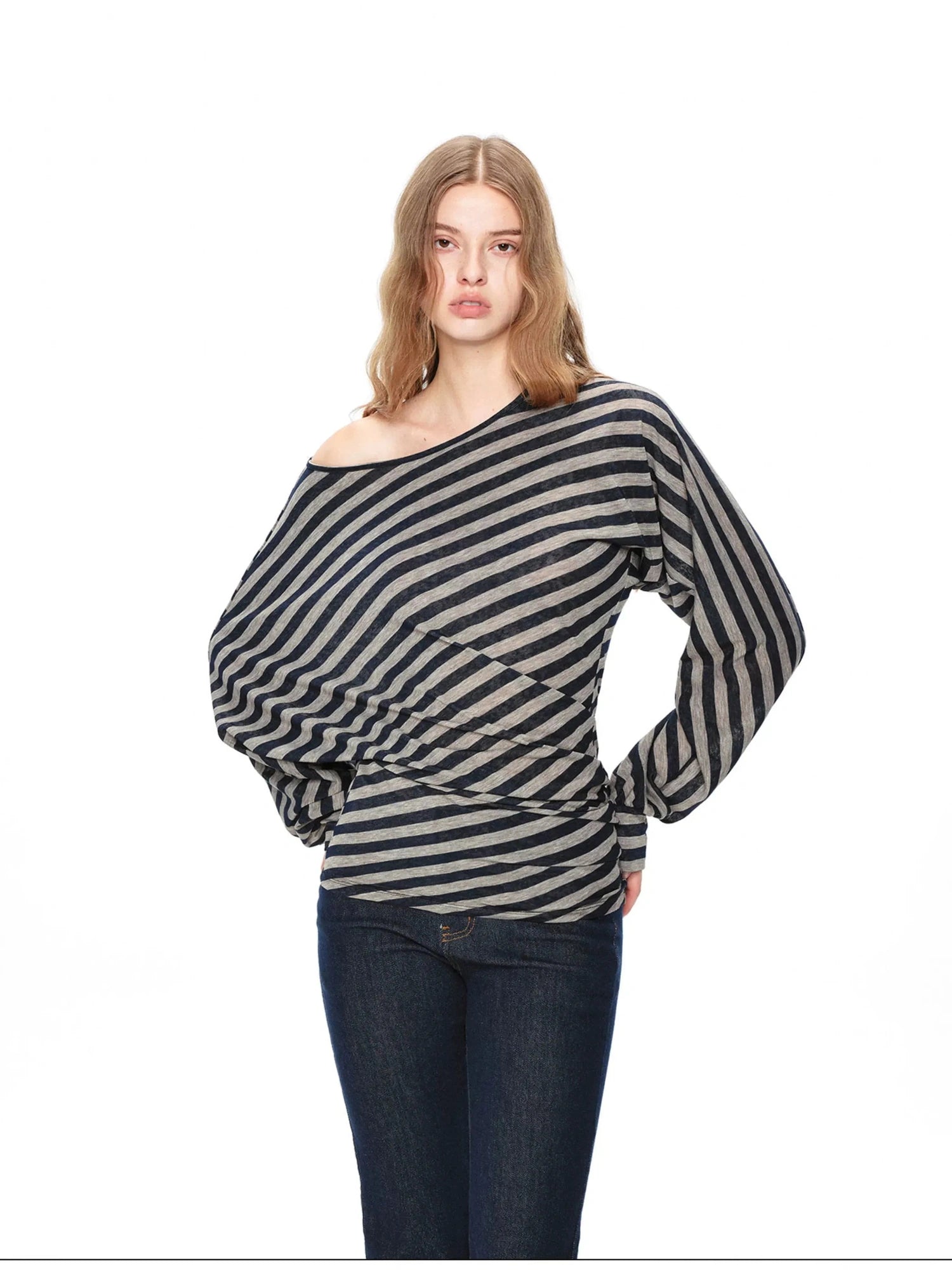 kvkv Asymmetric Batwing Top With Twist Detail V-neck T-shirt Long Sleeve
