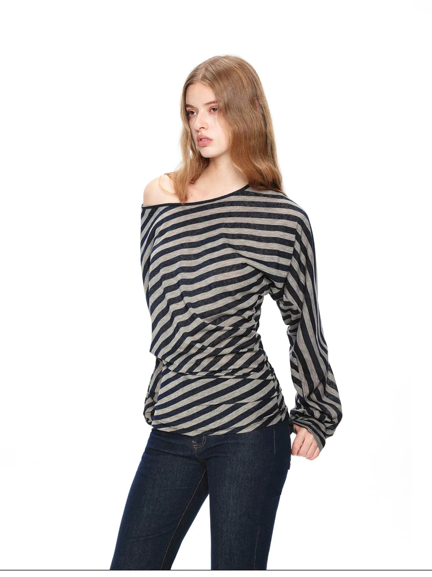 kvkv Asymmetric Batwing Top With Twist Detail V-neck T-shirt Long Sleeve