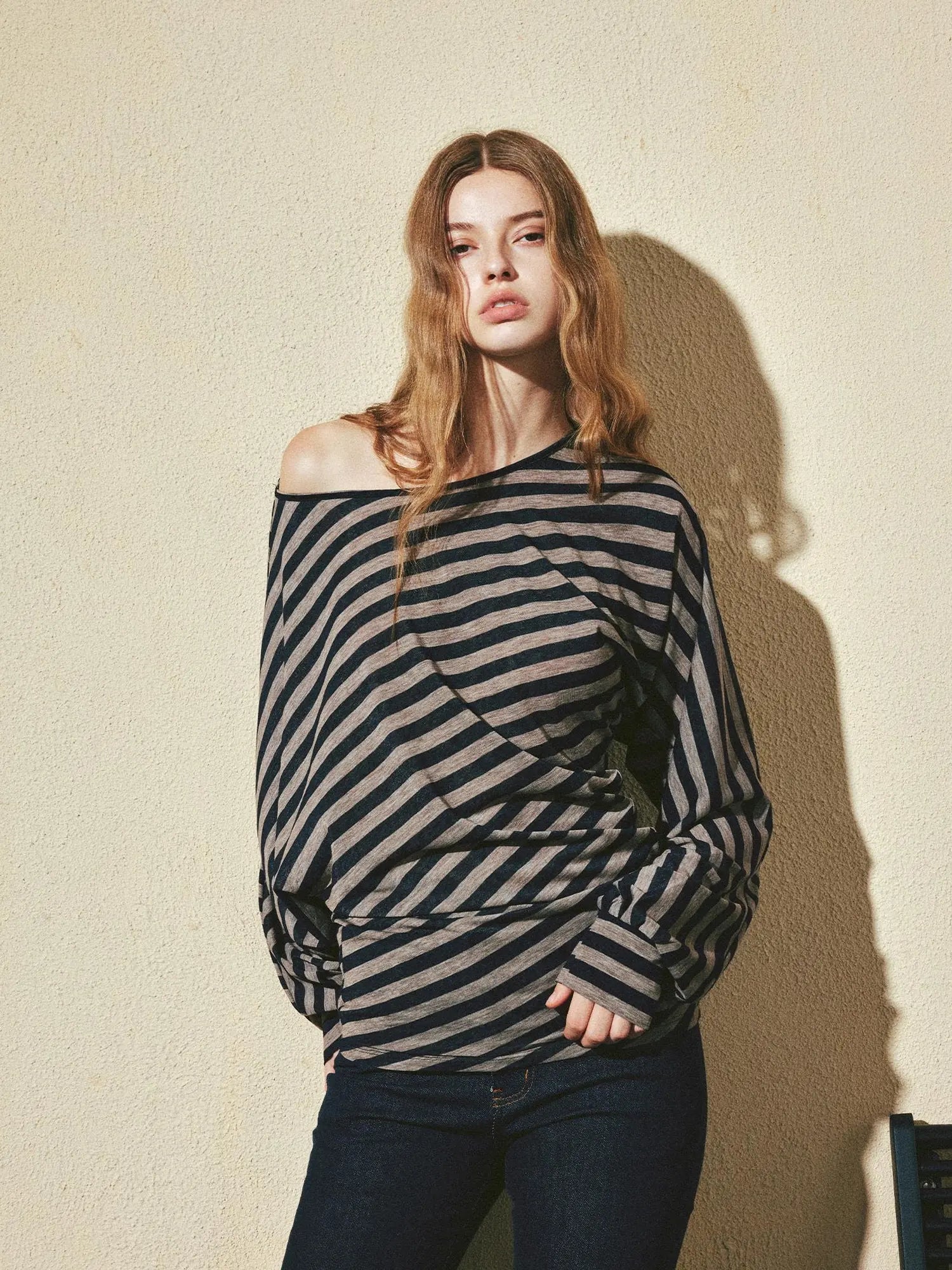 kvkv Asymmetric Batwing Top With Twist Detail V-neck T-shirt Long Sleeve