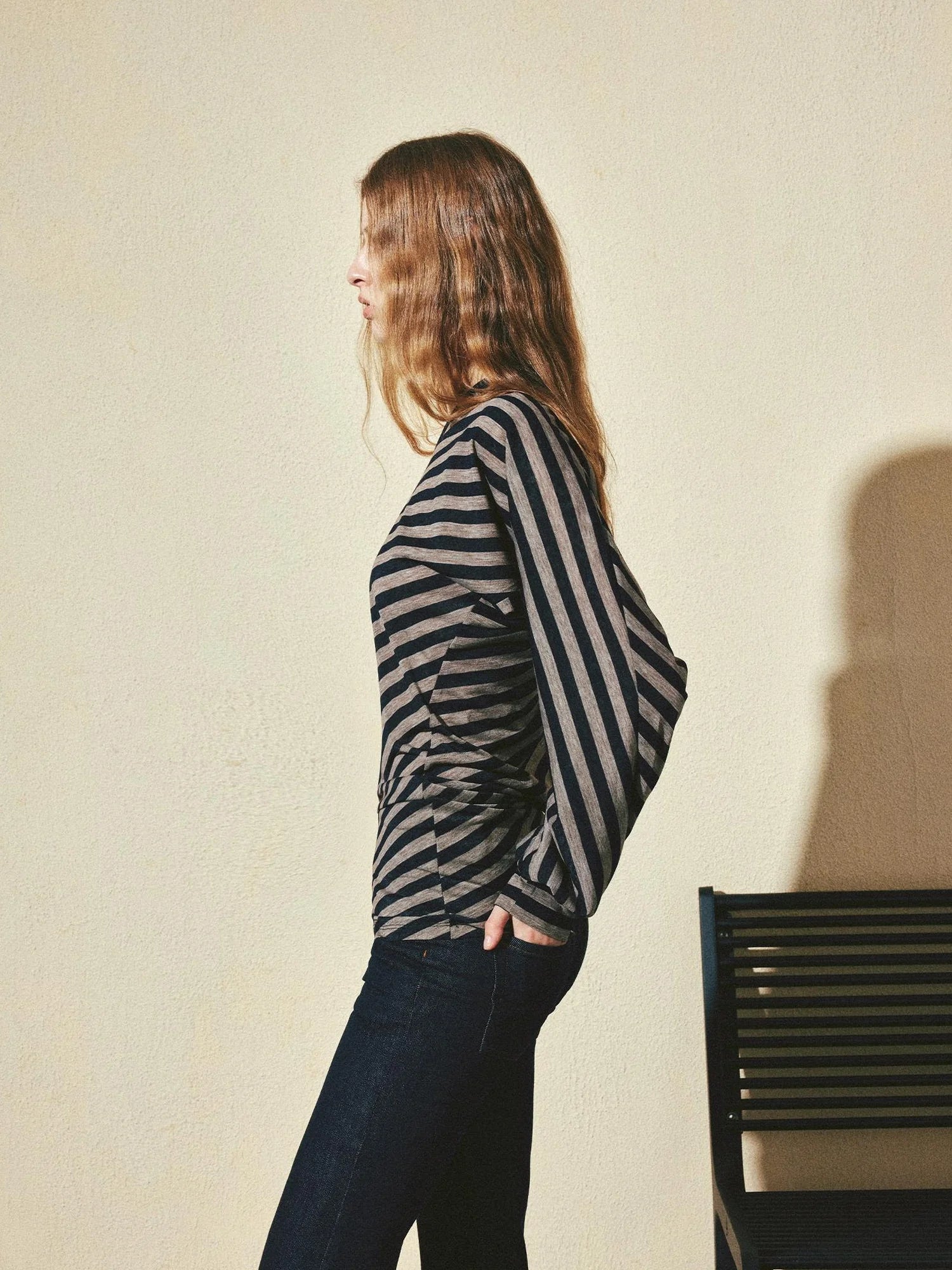 kvkv Asymmetric Batwing Top With Twist Detail V-neck T-shirt Long Sleeve
