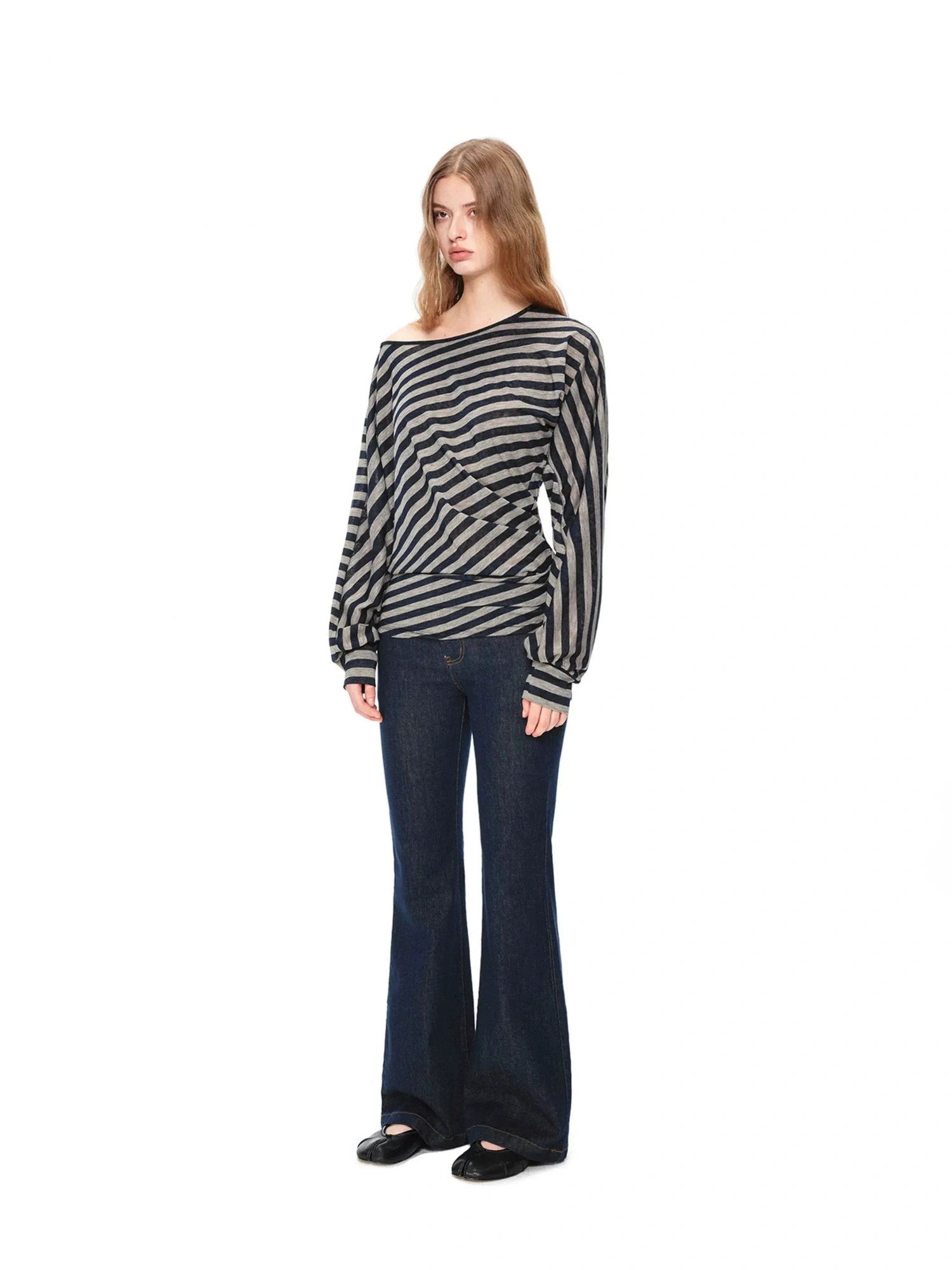 kvkv Asymmetric Batwing Top With Twist Detail V-neck T-shirt Long Sleeve