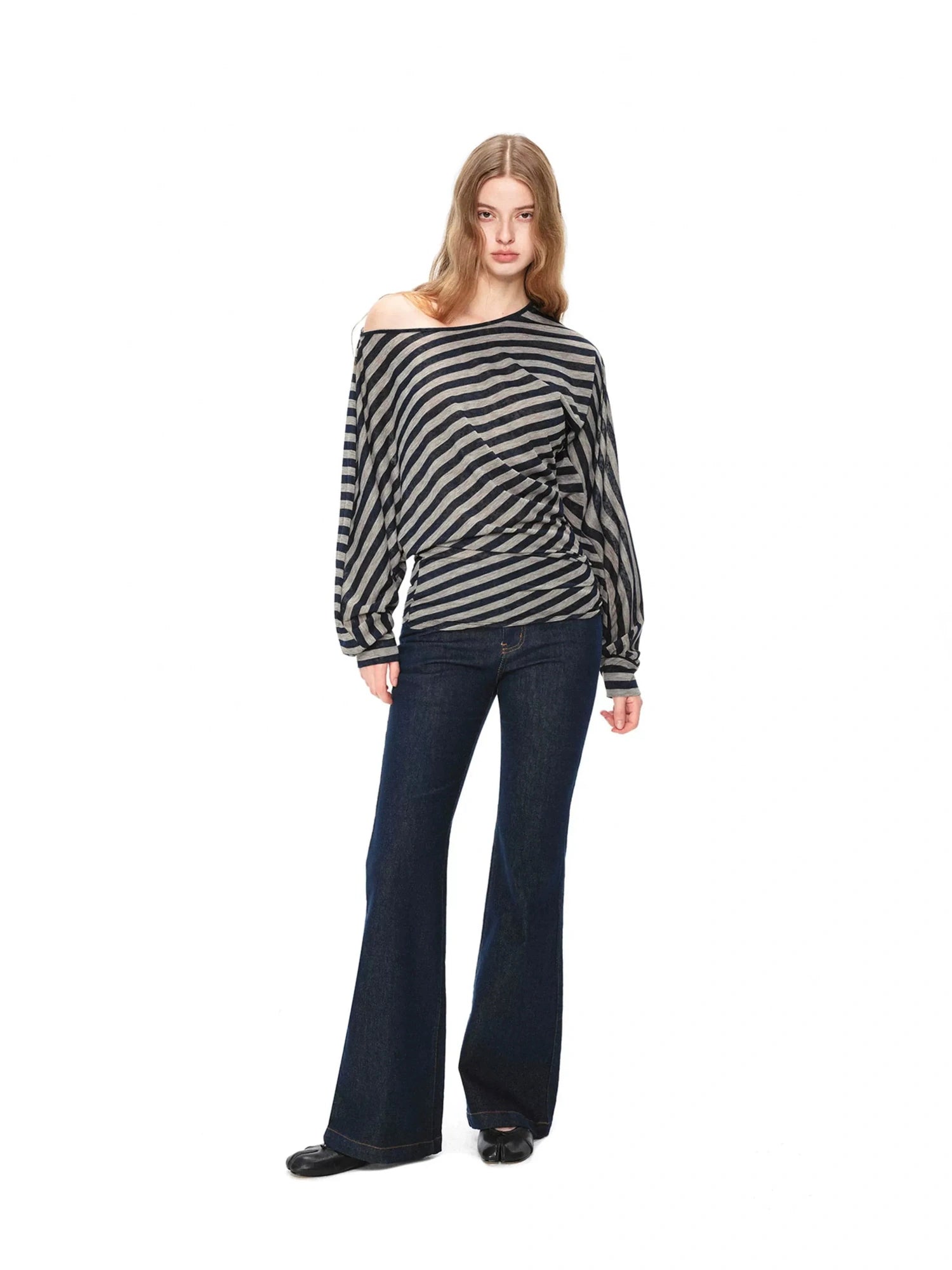kvkv Asymmetric Batwing Top With Twist Detail V-neck T-shirt Long Sleeve
