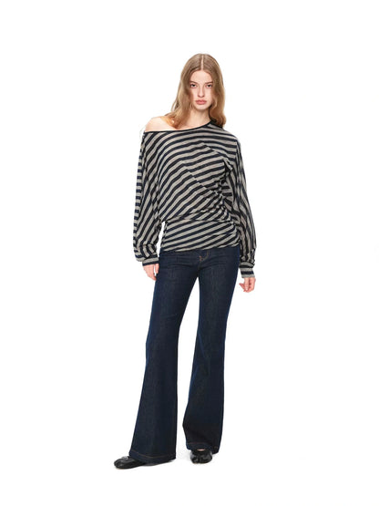 kvkv Asymmetric Batwing Top With Twist Detail V-neck T-shirt Long Sleeve
