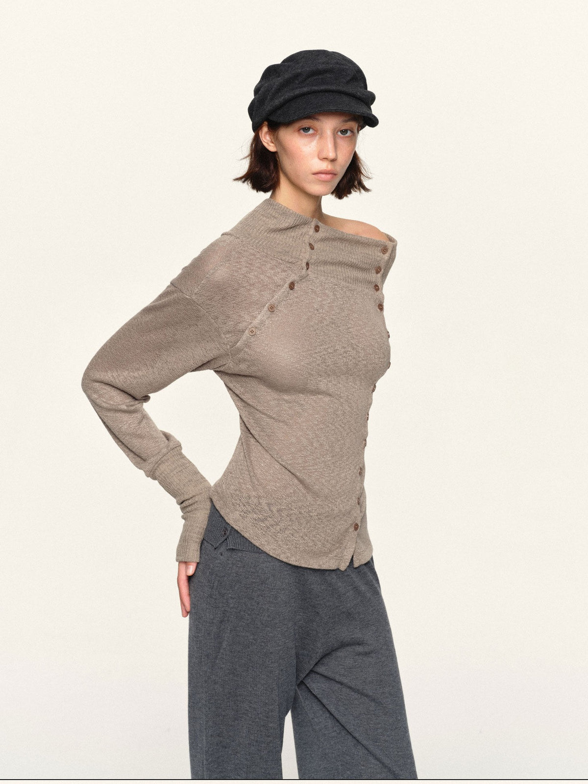 kvkv Asymmetric Button Slouchy Off Shoulder Women&