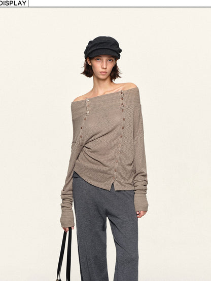 kvkv Asymmetric Button Slouchy Off Shoulder Women&