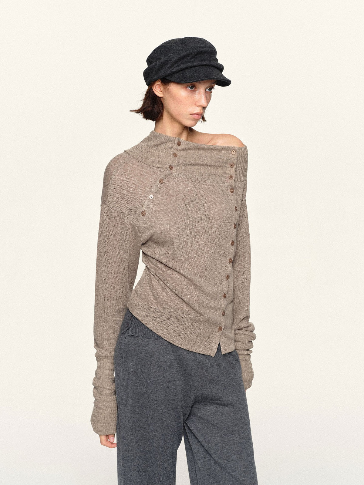 kvkv Asymmetric Button Slouchy Off Shoulder Women&