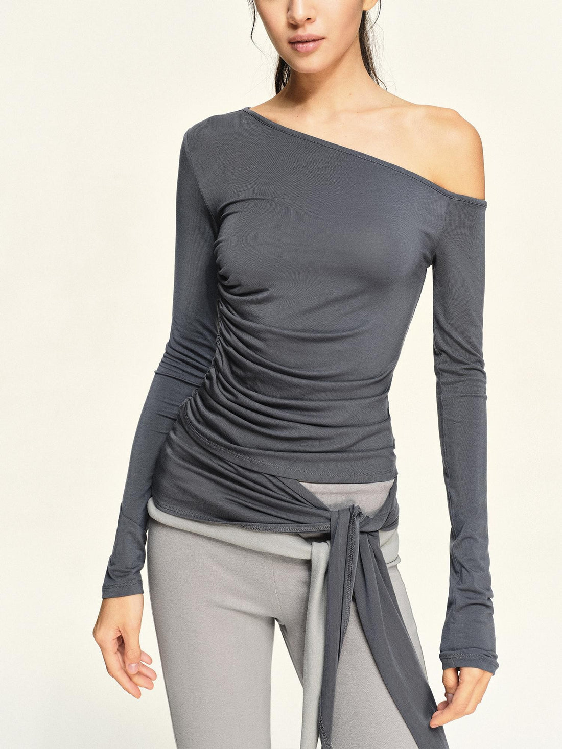 kvkv Asymmetric One Shoulder Ruched Ribbon Spliced Lyocell Women&