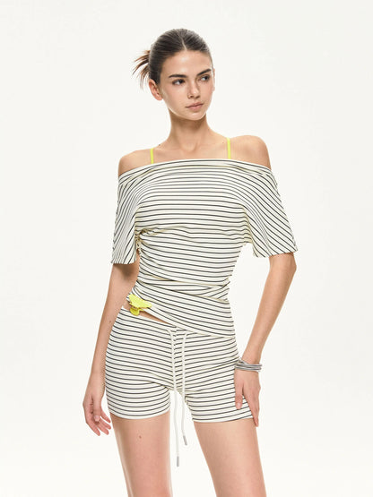KVKV Yoga Clothing Brand - Asymmetric Shoulder Sport Stripe Tee