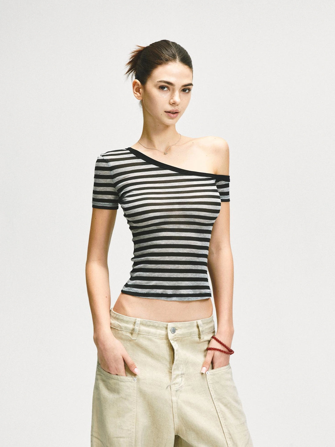 KVKV Yoga Clothing Brand - Asymmetric Shoulder Striped Fitted Tee
