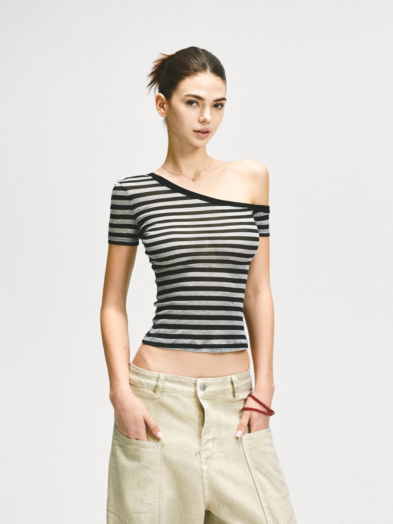 KVKV Yoga Clothing Brand - Asymmetric Shoulder Striped Fitted Tee