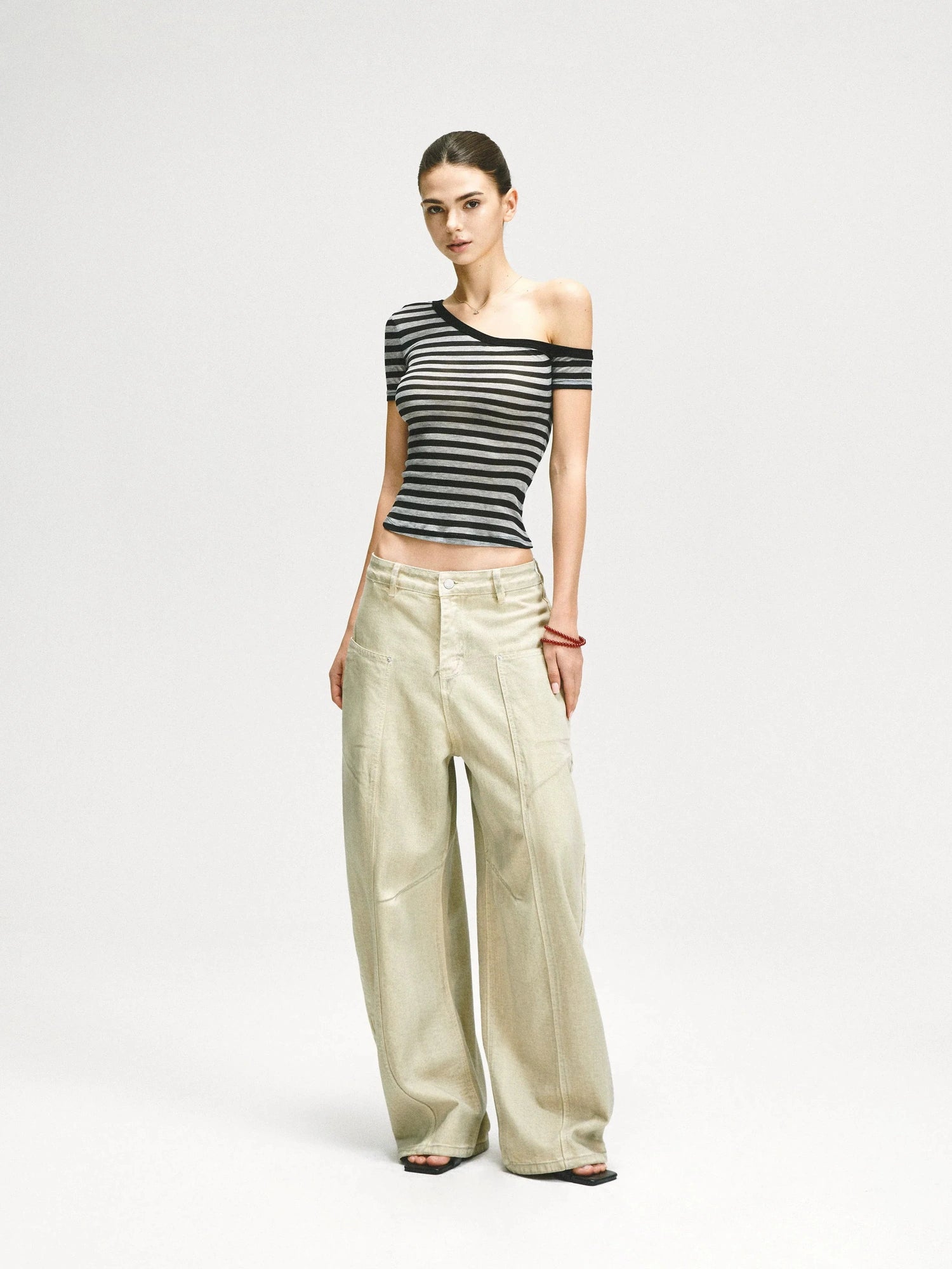 KVKV Yoga Clothing Brand - Asymmetric Shoulder Striped Fitted Tee