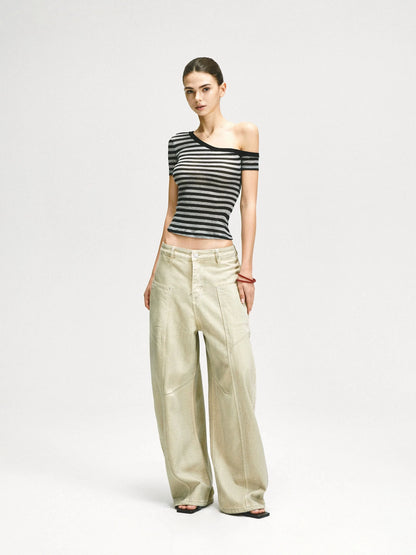 KVKV Yoga Clothing Brand - Asymmetric Shoulder Striped Fitted Tee