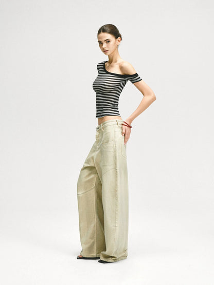 KVKV Yoga Clothing Brand - Asymmetric Shoulder Striped Fitted Tee