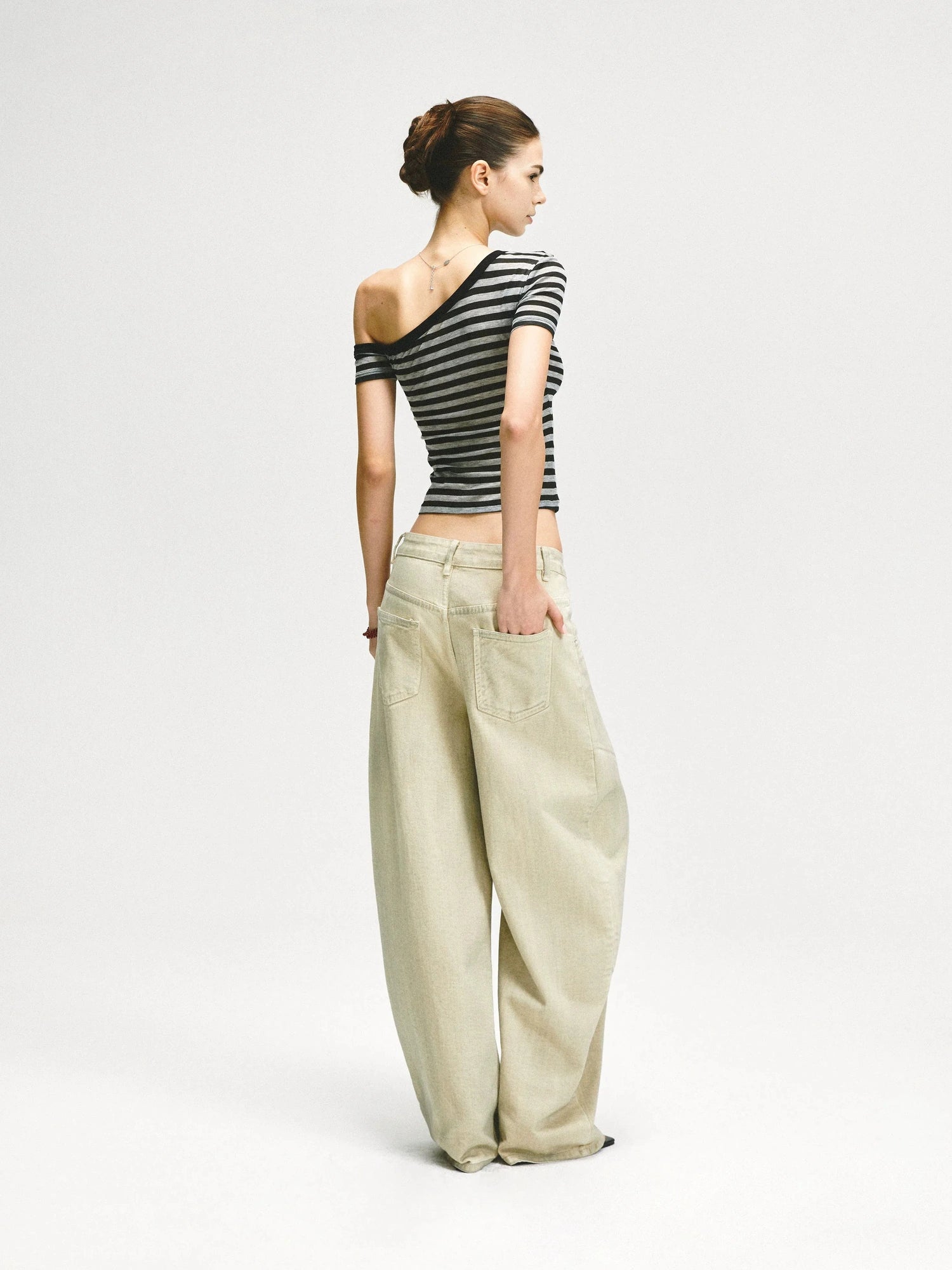 KVKV Yoga Clothing Brand - Asymmetric Shoulder Striped Fitted Tee