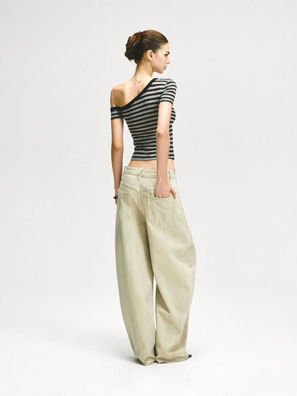 KVKV Yoga Clothing Brand - Asymmetric Shoulder Striped Fitted Tee