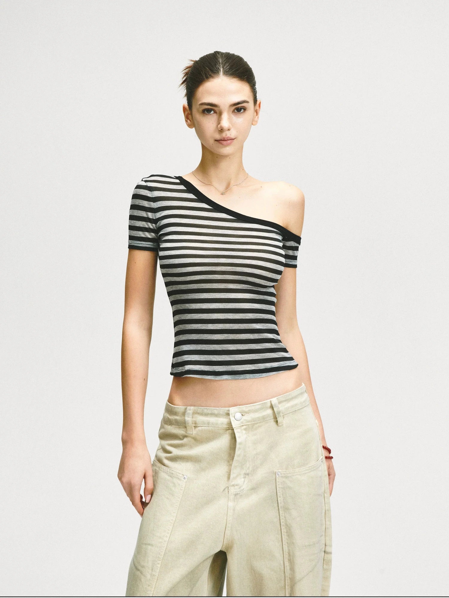 KVKV Yoga Clothing Brand - Asymmetric Shoulder Striped Fitted Tee