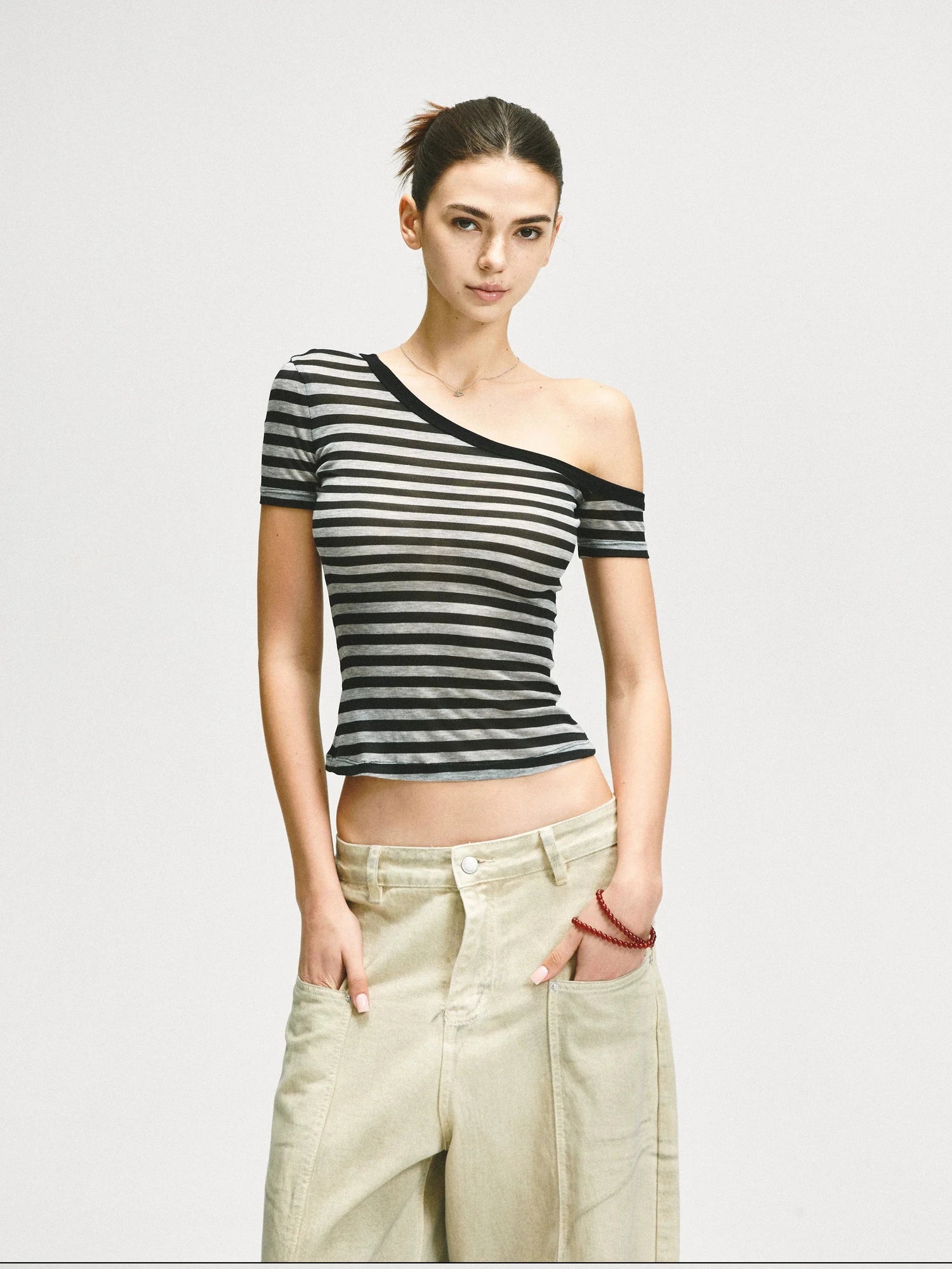 KVKV Yoga Clothing Brand - Asymmetric Shoulder Striped Fitted Tee