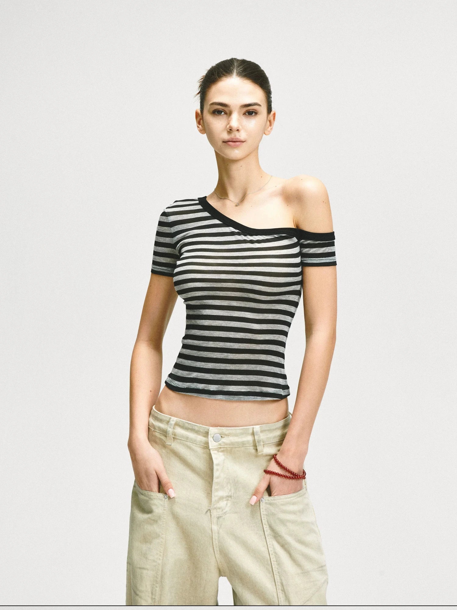 KVKV Yoga Clothing Brand - Asymmetric Shoulder Striped Fitted Tee