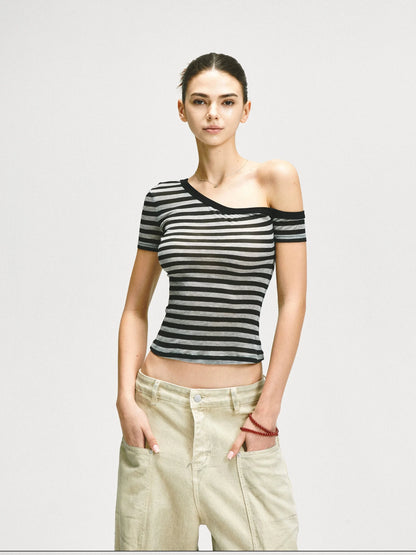 KVKV Yoga Clothing Brand - Asymmetric Shoulder Striped Fitted Tee