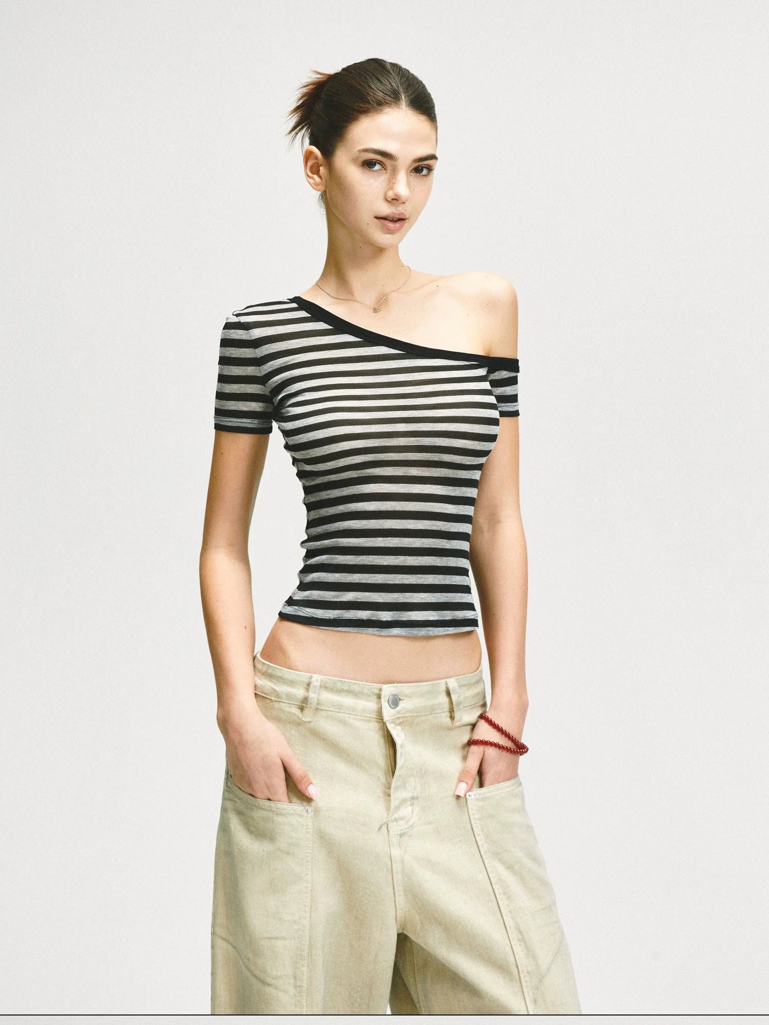 KVKV Yoga Clothing Brand - Asymmetric Shoulder Striped Fitted Tee