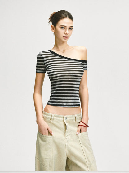 KVKV Yoga Clothing Brand - Asymmetric Shoulder Striped Fitted Tee