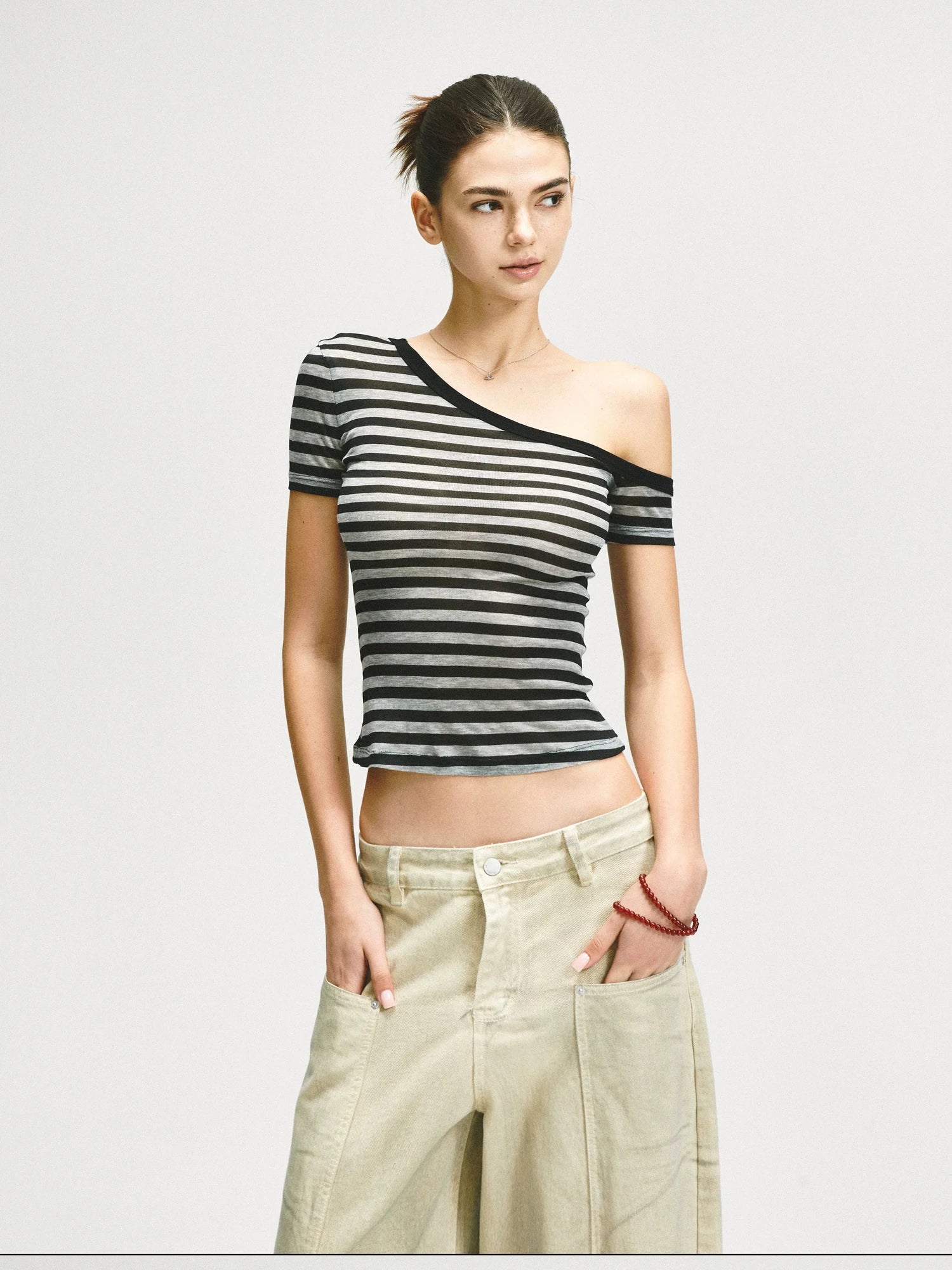 KVKV Yoga Clothing Brand - Asymmetric Shoulder Striped Fitted Tee