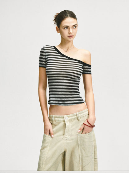 KVKV Yoga Clothing Brand - Asymmetric Shoulder Striped Fitted Tee