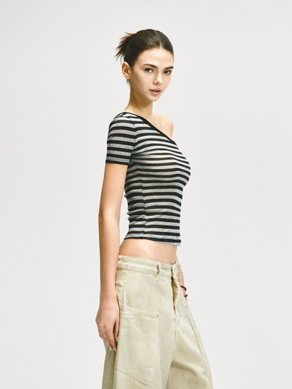 KVKV Yoga Clothing Brand - Asymmetric Shoulder Striped Fitted Tee
