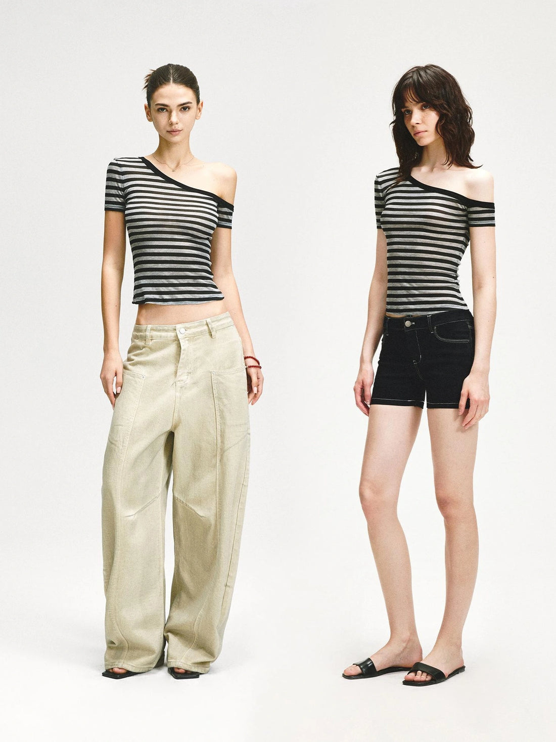 KVKV Yoga Clothing Brand - Asymmetric Shoulder Striped Fitted Tee