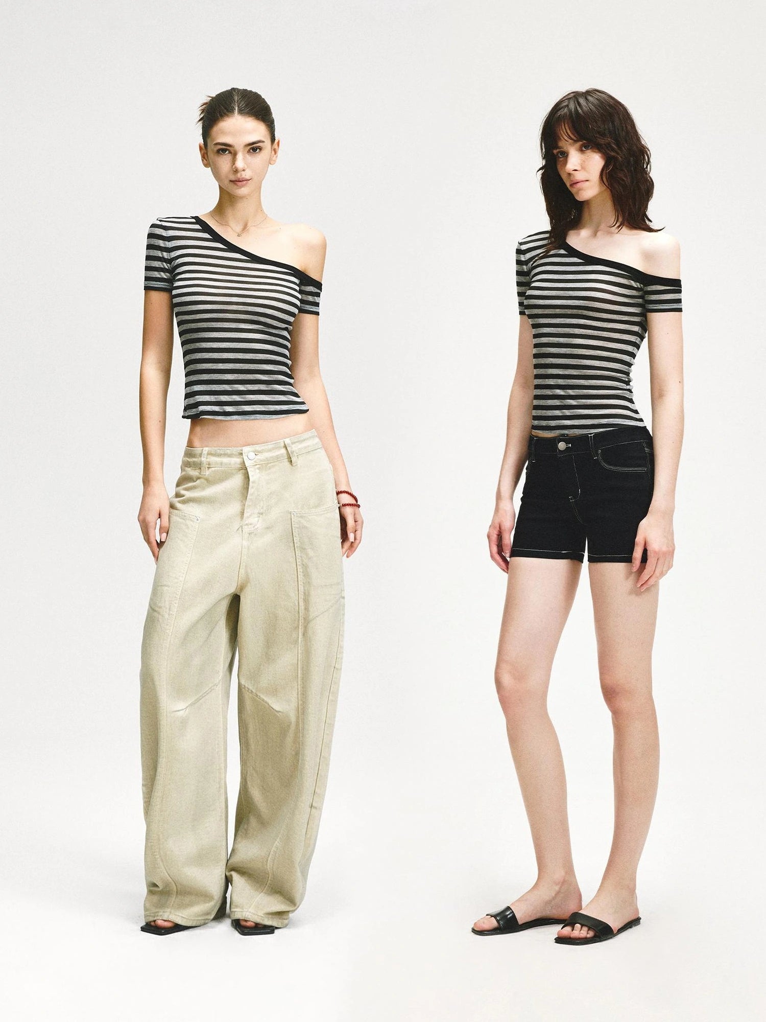 KVKV Yoga Clothing Brand - Asymmetric Shoulder Striped Fitted Tee